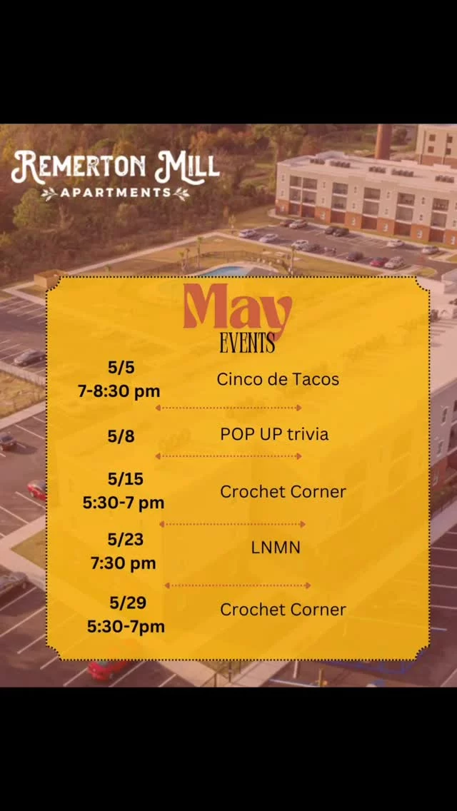 🎉 May is packed with fun at Remerton Mill! From cozy evenings at Crochet Corner to our exciting Late Night Movie Night by the Pool, there’s something for everyone this month 🌙🍿🧶

We’ve got tons of great events lined up, and we’d love for you to be a part of it all! Got an idea for summer or fall events? Let us know — we’re all ears! 📧 leasing@remertonmill.com

Let’s make this season unforgettable together 💫 #RemertonMillEvents #CommunityVibes